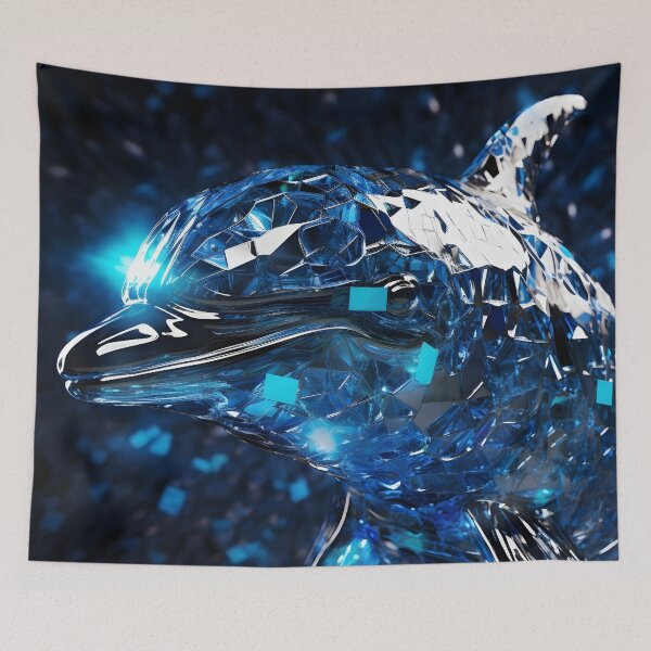 Item preview, broken glass neon blue chrome dolphin print designed and sold by dcrc.
