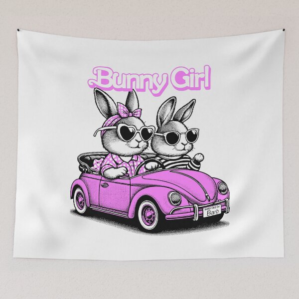 Item preview, Rabbits in a pink convertible. designed and sold by PsychoBunnyShop.