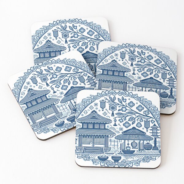 Item preview, Japanese scene using sashiko blue threads designed and sold by Ponted.
