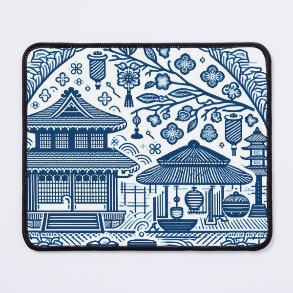 Item preview, Japanese scene using sashiko blue threads designed and sold by Ponted.