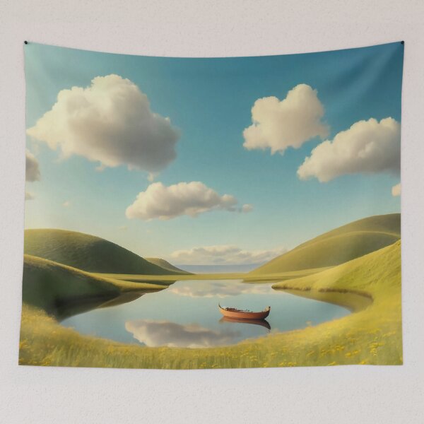 Aperçu de l'œuvre Green Rolling Hills bateau à rames vide sur petit étang, marguerites à Medow créée et vendue par Loving Nature Gifts.