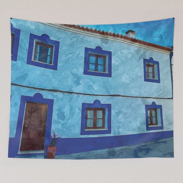 Item preview, Traditional white washed house with blue windows in watercolor designed and sold by Intermundium.