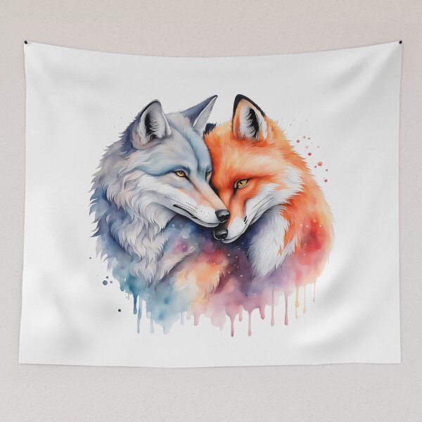 Item preview, Colorful Watercolor Romantic Wolf And Fox Hugging designed and sold by anyasevchenko.