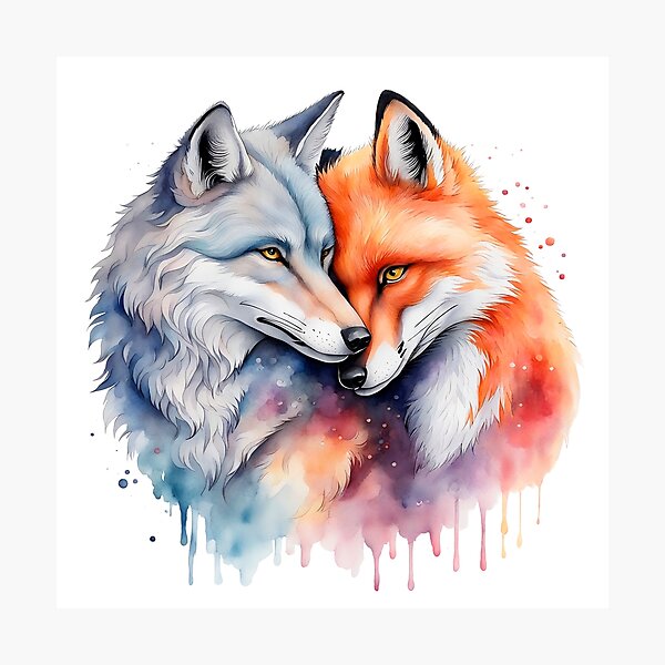 Aperçu de l'œuvre Aquarelle colorée loup romantique et renard étreignant créée et vendue par anyasevchenko.