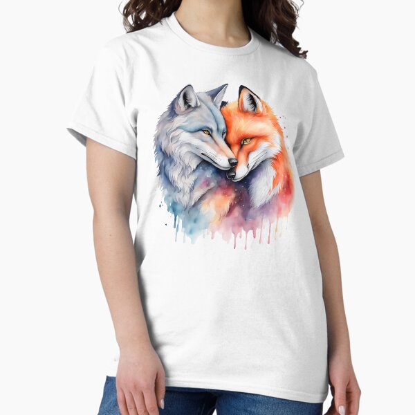 Item preview, Colorful Watercolor Romantic Wolf And Fox Hugging designed and sold by anyasevchenko.