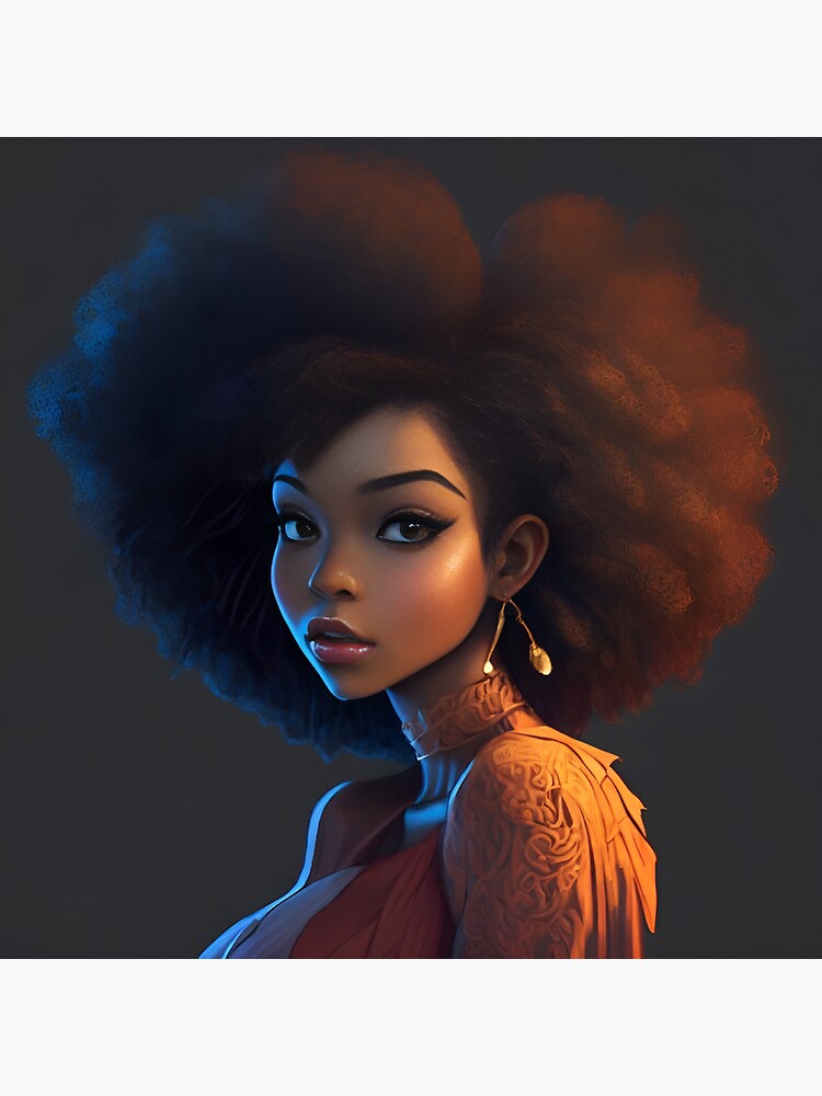Aperçu 3 sur 3. Sticker avec l'œuvre une belle femme noire avec ses cheveux afro en animation 2d créée et vendue par VisionaryV2.