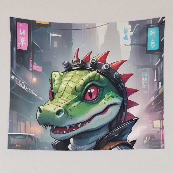 Item preview, Cityscape Serenity: Cyberpunk Crocodile Amid Neon Horizons designed and sold by SCBlend.