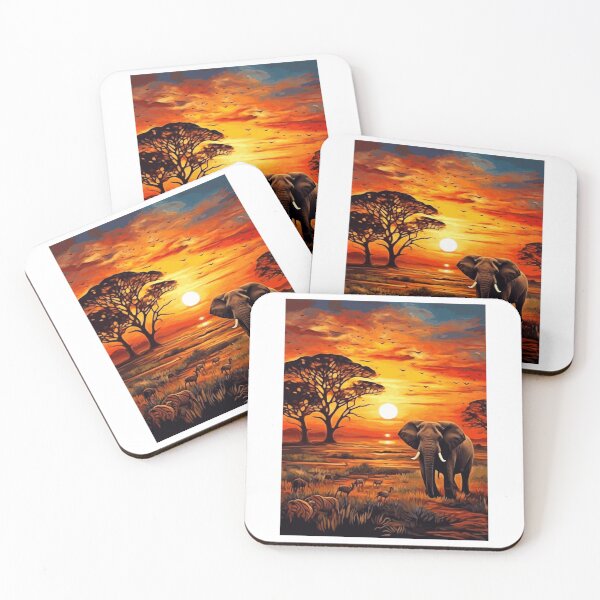 Item preview, African savannah wildlife, sunset background, realistic elephants, vivid colors, detailed designed and sold by Similce.