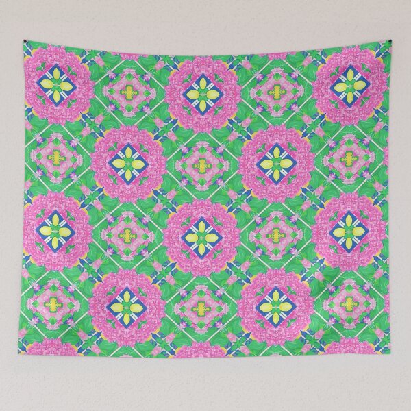 Item preview, Grandmillennial lemons and pink bougainvillea wreths on green designed and sold by SophieClimaArt.