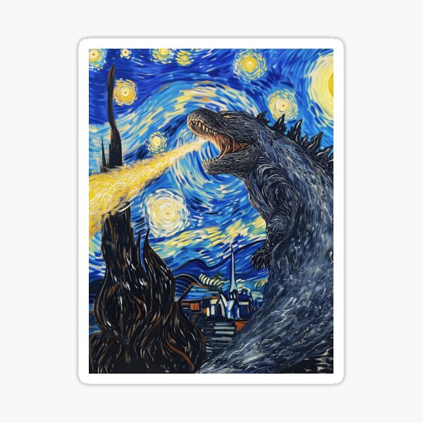 Aperçu de l'œuvre Vincent Van Gojira, Vincent Van Goghzilla, Godzilla détruisant la nuit étoilée créée et vendue par PrintShangri-La.