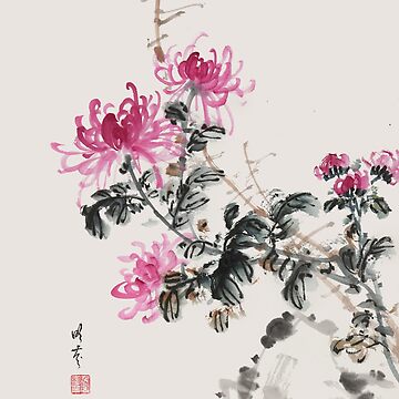 Artwork thumbnail, Pink Chrysanthemums - Traditional Chinese Ink Painting by mingjan