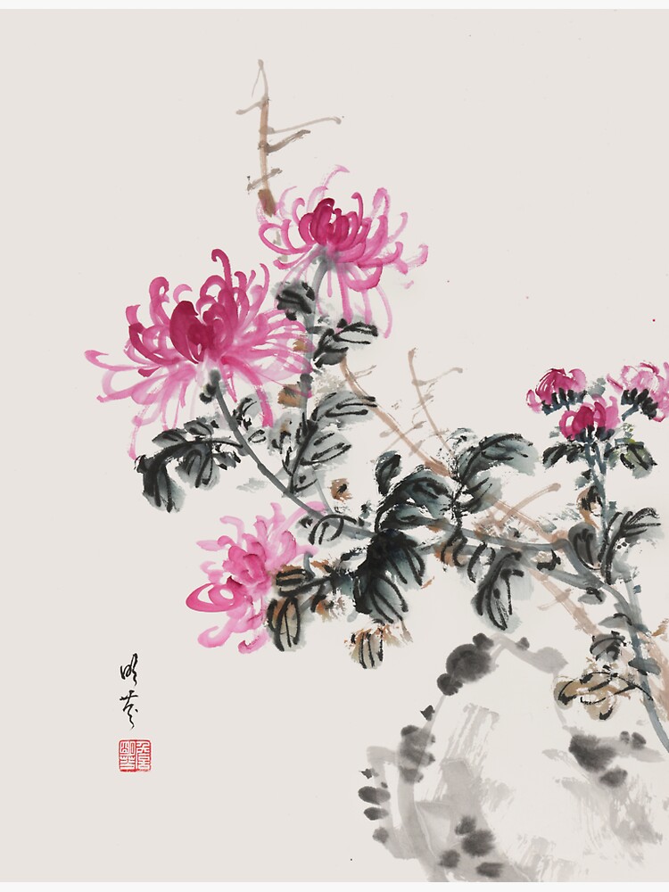 Thumbnail 3 of 3, Sticker, Pink Chrysanthemums - Traditional Chinese Ink Painting designed and sold by mingjan.