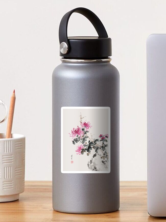 Thumbnail 1 of 3, Sticker, Pink Chrysanthemums - Traditional Chinese Ink Painting designed and sold by mingjan.