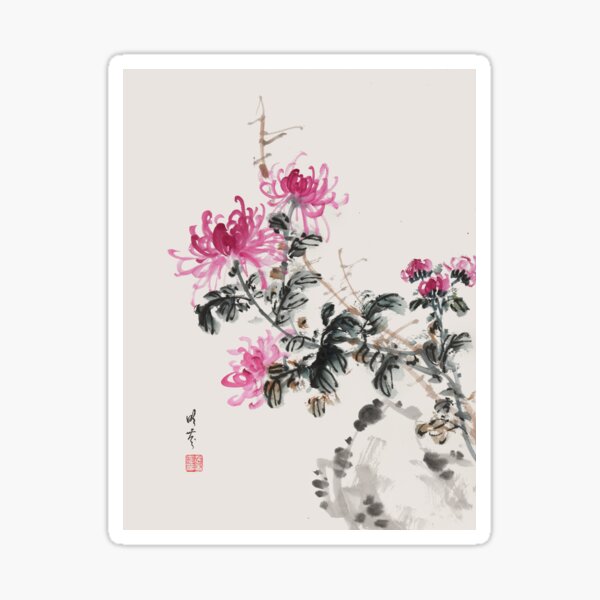 Pink Chrysanthemums - Traditional Chinese Ink Painting Sticker