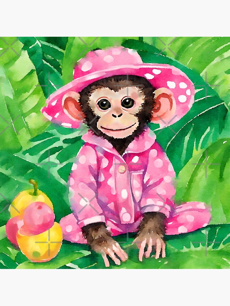 Monkey art cute baby monkey in pink pajamas Greeting Card