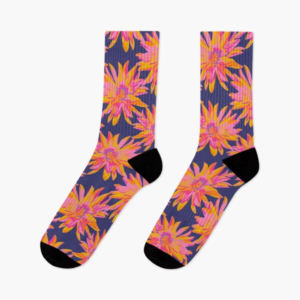 Item preview, DAHLIA BURSTS Abstract Blooming Floral Summer Bright Flowers - Fuchsia Pink Yellow Purple on Dark Blue - UnBlink Studio by Jackie Tahara designed and sold by Jackie Tahara of UnBlink Studio.
