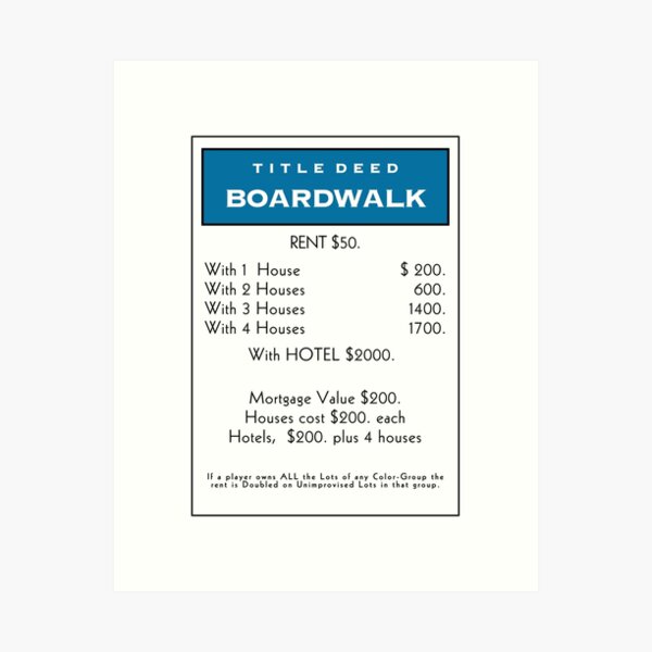 Aperçu de l'œuvre Carte de titre de propriété Monopoly Boardwalk créée et vendue par sonyakapur.