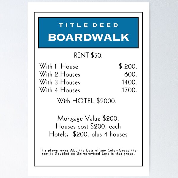 Item preview, Monopoly Boardwalk Title Deed Card designed and sold by sonyakapur.
