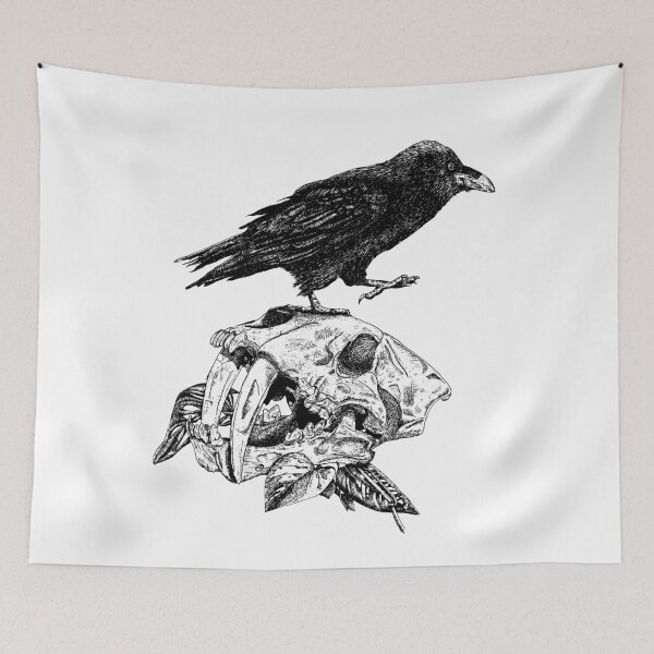 Item preview, Raven on top of Saber Toothed Cat Skull designed and sold by Moon Dog Art.