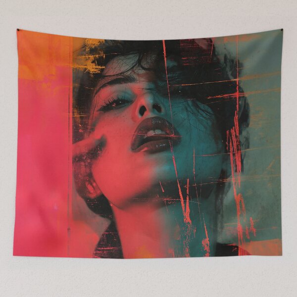 Item preview, Double Exposure Woman Portrait | Red Teal Dramatic Art Print designed and sold by VUK VESOVIC.