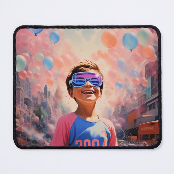 Item preview, "Nostalgic Bliss: Young Boy with Retro Vibe and Pink Balloons in the Distance" designed and sold by Eandbeyond.