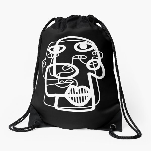 Black and White Faces Line Drawing Drawstring Bag