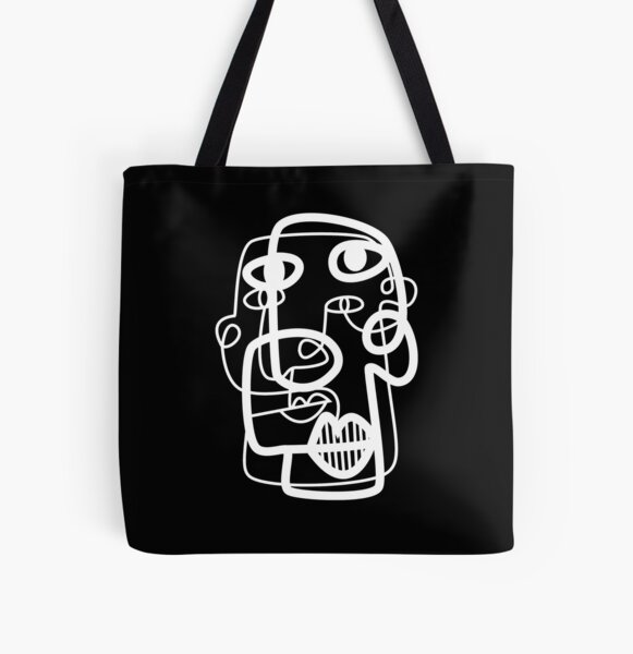 Black and White Faces Line Drawing All Over Print Tote Bag
