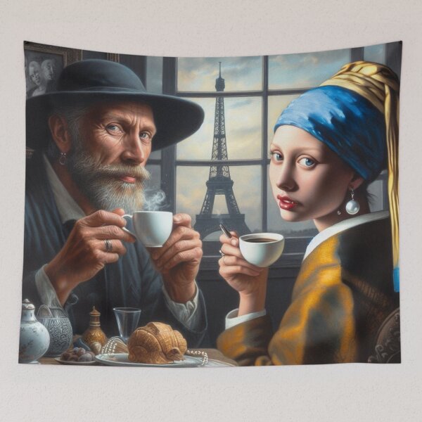 Item preview, Johannes Vermeer has coffee with The Girl with a Pearl Earring designed and sold by Theudric.