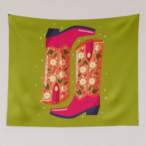 Item preview, A pair of cowboy boots decorated with flowers on green background. Vibrant and colorful vector illustration. designed and sold by BlueLela.