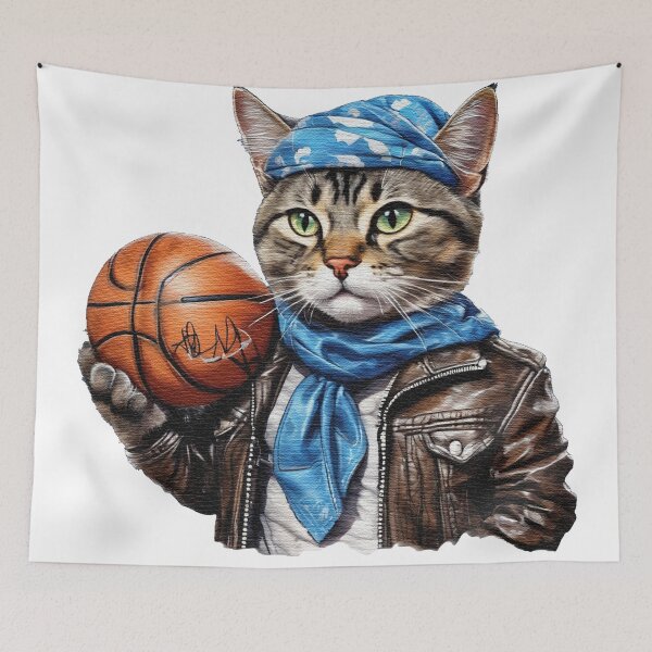 Item preview, street cat wearing a leather jacket and bandana holding a basketball designed and sold by jnsmerchstore.