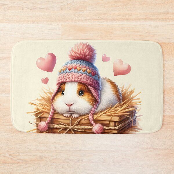 Item preview, A cute little guinea pig in a knitted cap lying on a hayloft with cute hearts all around him. Digital illustration on white background. Vintage style. Illustration for valentine's day. designed and sold by Niktarka.