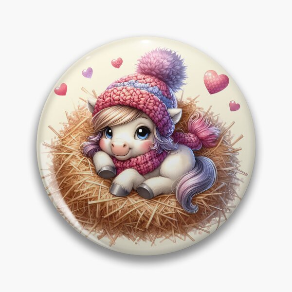 Item preview, A cute little pony in a knitted hat lying on a hayloft with cute hearts all around. Digital illustration on white background. Vintage style. Illustration for valentine's day designed and sold by Niktarka.