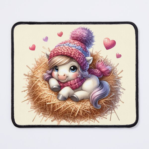 Item preview, A cute little pony in a knitted hat lying on a hayloft with cute hearts all around. Digital illustration on white background. Vintage style. Illustration for valentine's day designed and sold by Niktarka.