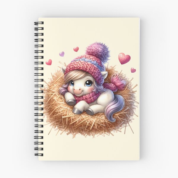 Item preview, A cute little pony in a knitted hat lying on a hayloft with cute hearts all around. Digital illustration on white background. Vintage style. Illustration for valentine's day designed and sold by Niktarka.