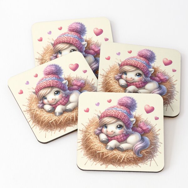 Item preview, A cute little pony in a knitted hat lying on a hayloft with cute hearts all around. Digital illustration on white background. Vintage style. Illustration for valentine's day designed and sold by Niktarka.