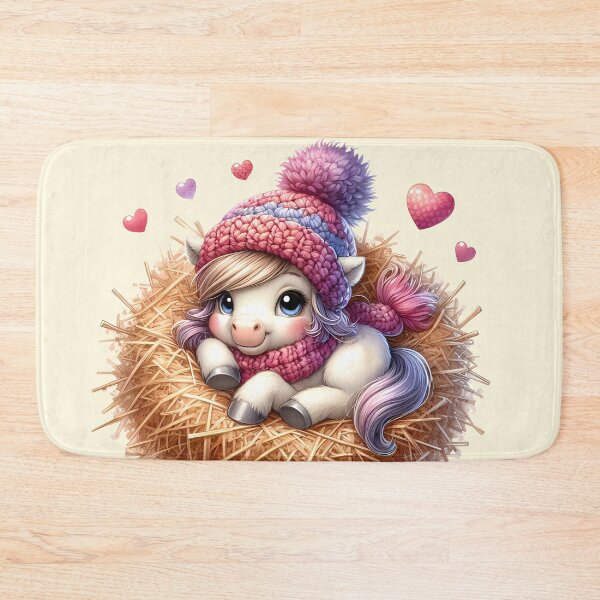 Item preview, A cute little pony in a knitted hat lying on a hayloft with cute hearts all around. Digital illustration on white background. Vintage style. Illustration for valentine's day designed and sold by Niktarka.