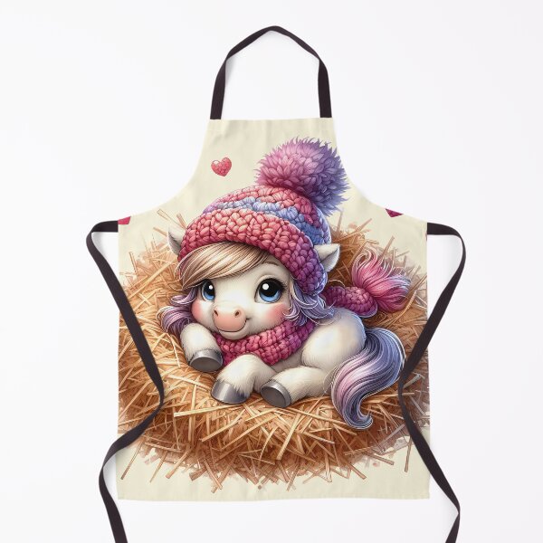 Item preview, A cute little pony in a knitted hat lying on a hayloft with cute hearts all around. Digital illustration on white background. Vintage style. Illustration for valentine's day designed and sold by Niktarka.