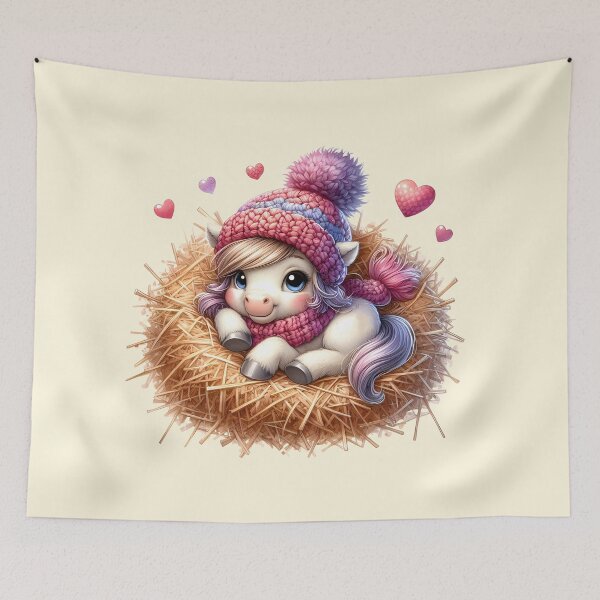 Item preview, A cute little pony in a knitted hat lying on a hayloft with cute hearts all around. Digital illustration on white background. Vintage style. Illustration for valentine's day designed and sold by Niktarka.
