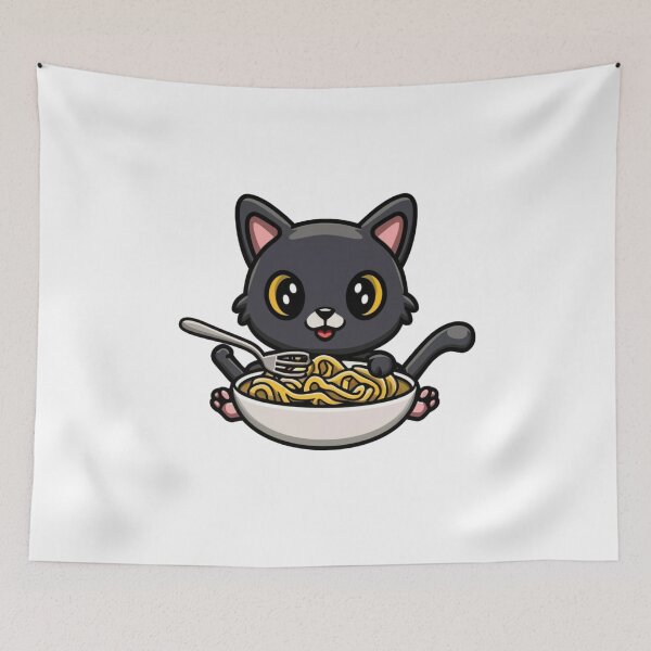 Aperçu de l'œuvre Chat noir mangeant des spaghettis créée et vendue par StickerStyleHub.