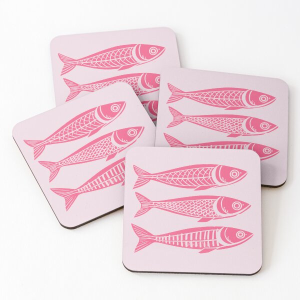 Artikelvorschau, Dänischer Holzschnitt Linolschnitt Sardine Fischdruck Rosa entworfen und verkauft von Kat.