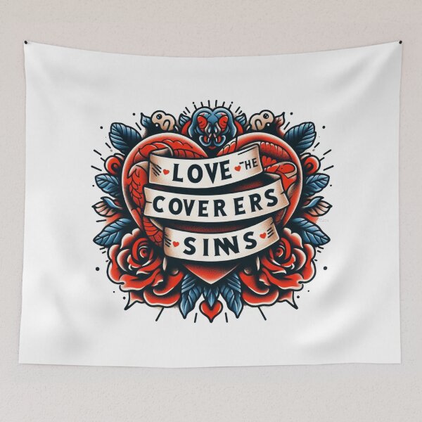 Item preview, 'Love covers all sins' in the center of a red heart" designed and sold by PaintMeWorld.