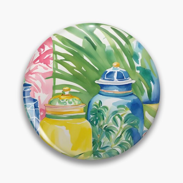 Artikelvorschau, Grandmillennial-Kunst, Chinoiserie-Gläser zwischen Palmblättern entworfen und verkauft von SophieClimaArt.