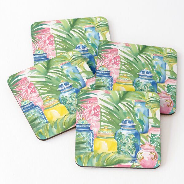 Item preview, Grandmillennial art, chinoiserie jars among palm leaves designed and sold by SophieClimaArt.
