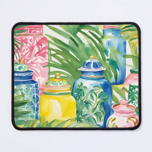 Item preview, Grandmillennial art, chinoiserie jars among palm leaves designed and sold by SophieClimaArt.