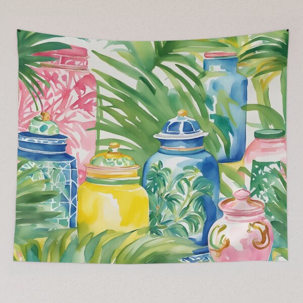 Artikelvorschau, Grandmillennial-Kunst, Chinoiserie-Gläser zwischen Palmblättern entworfen und verkauft von SophieClimaArt.
