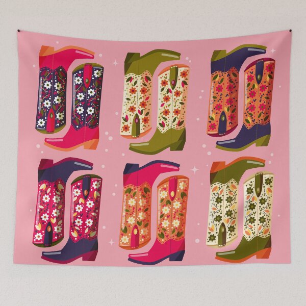 Item preview, Collection of hand drawn cowboy boots decorated with flowers on pink background. Vibrant and colorful vector illustration. designed and sold by BlueLela.