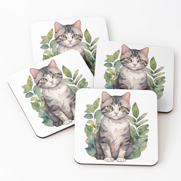 Item preview, Gray cat and watercolor leaves designed and sold by MauraMeadow.