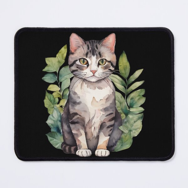 Item preview, Gray cat and watercolor leaves designed and sold by MauraMeadow.