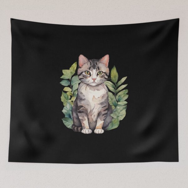 Item preview, Gray cat and watercolor leaves designed and sold by MauraMeadow.