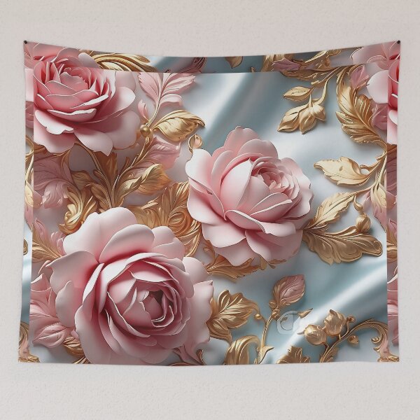 Item preview, Sequin roses on pastel blue baroque silk designed and sold by Khala.